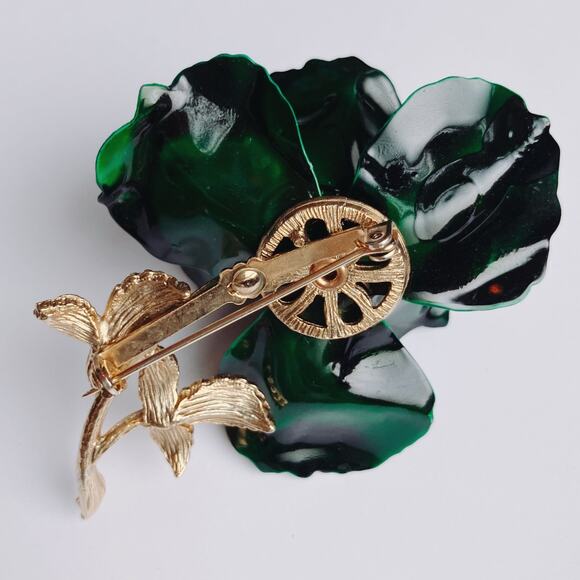 VTG 1960s Brooch Green Enamel Flower AB Rhinestones Gold Tone Mid Century Pin - Picture 11 of 13